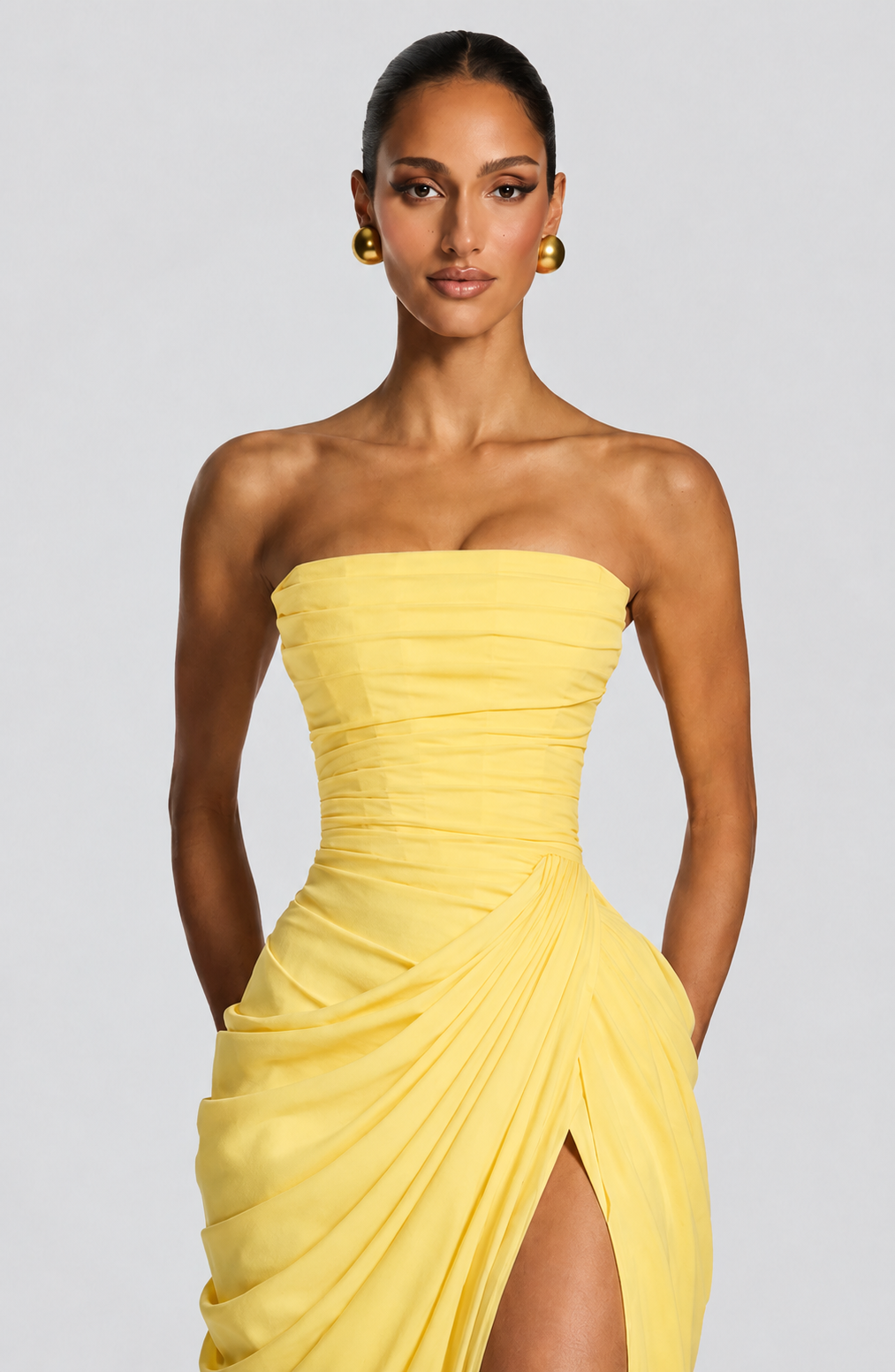 Robe de Soirée Femme Maxi Sans Manches avec Corset et Fente Drapée