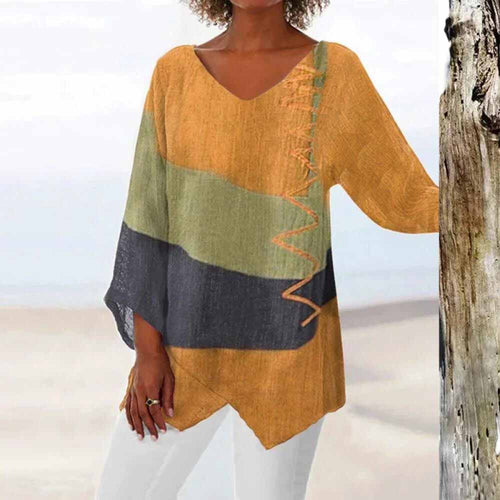Blouse Femme à Manches Trois Quarts avec Col V et Motif à Blocs de Couleurs