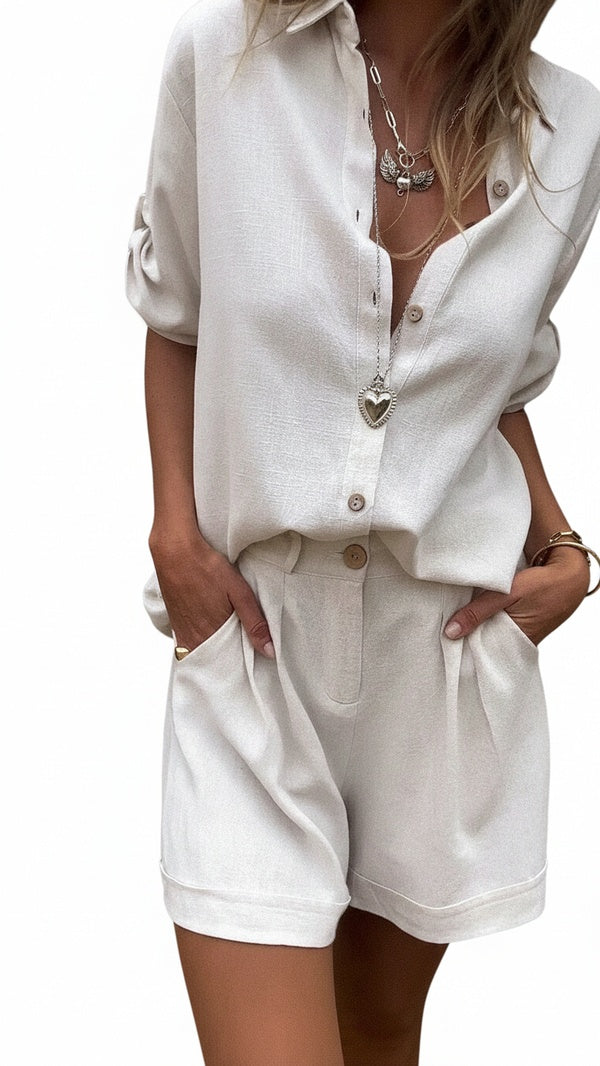 Ensemble Blouse et Shorts pour Femmes avec Boutonnage et Manches Roulées