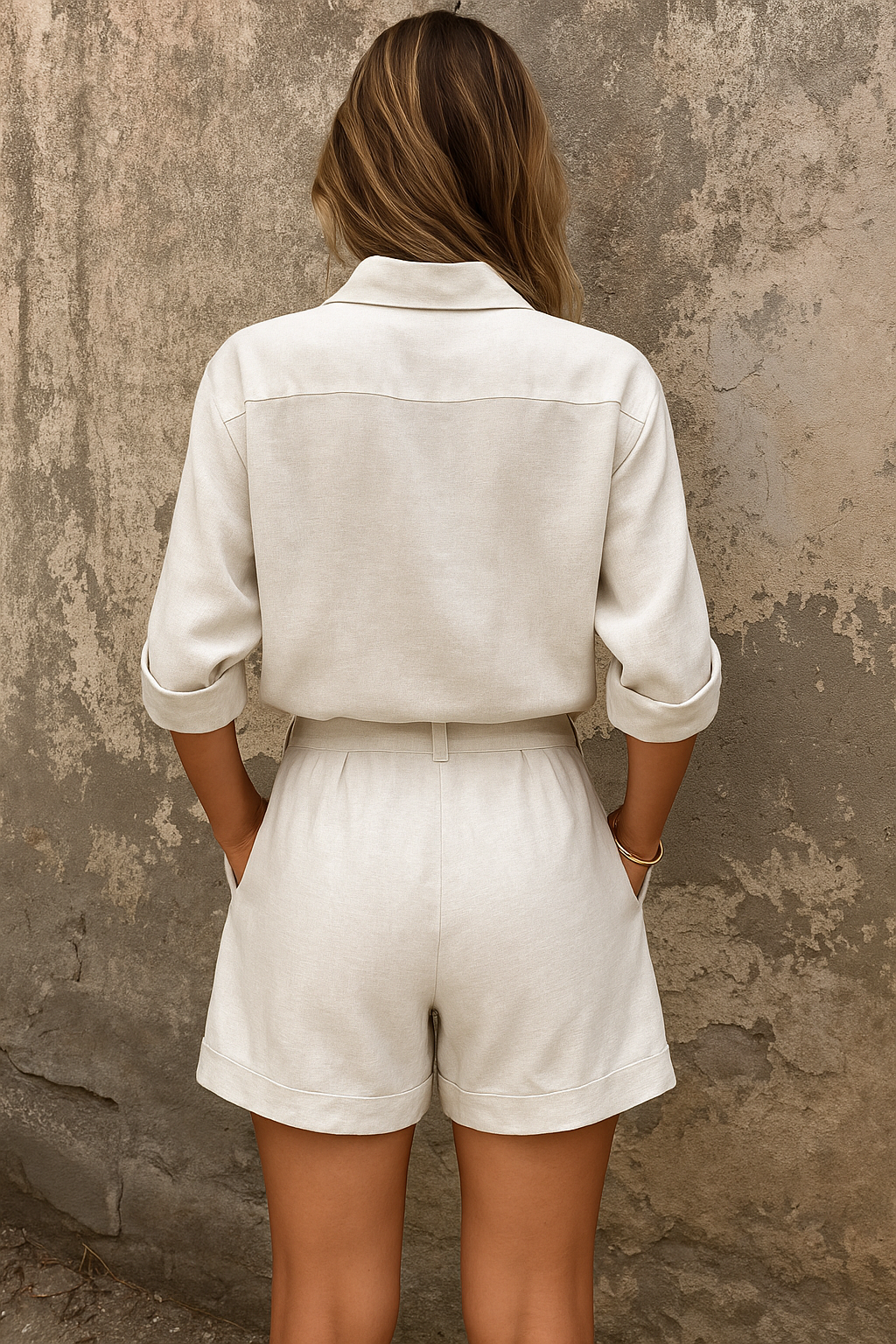 Ensemble Blouse et Shorts pour Femmes avec Boutonnage et Manches Roulées