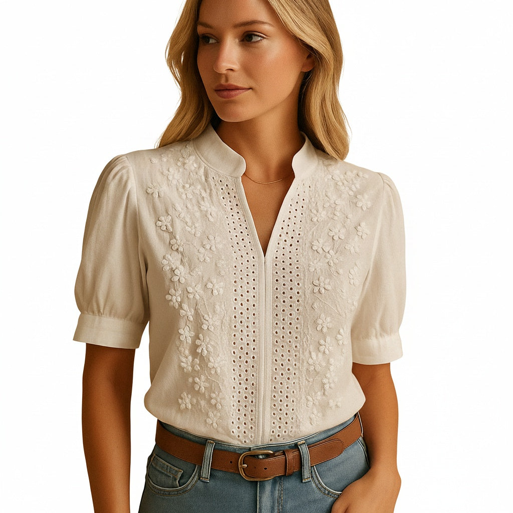 Blouse Femme à Manches Courtes avec Broderie Florale et Col en V