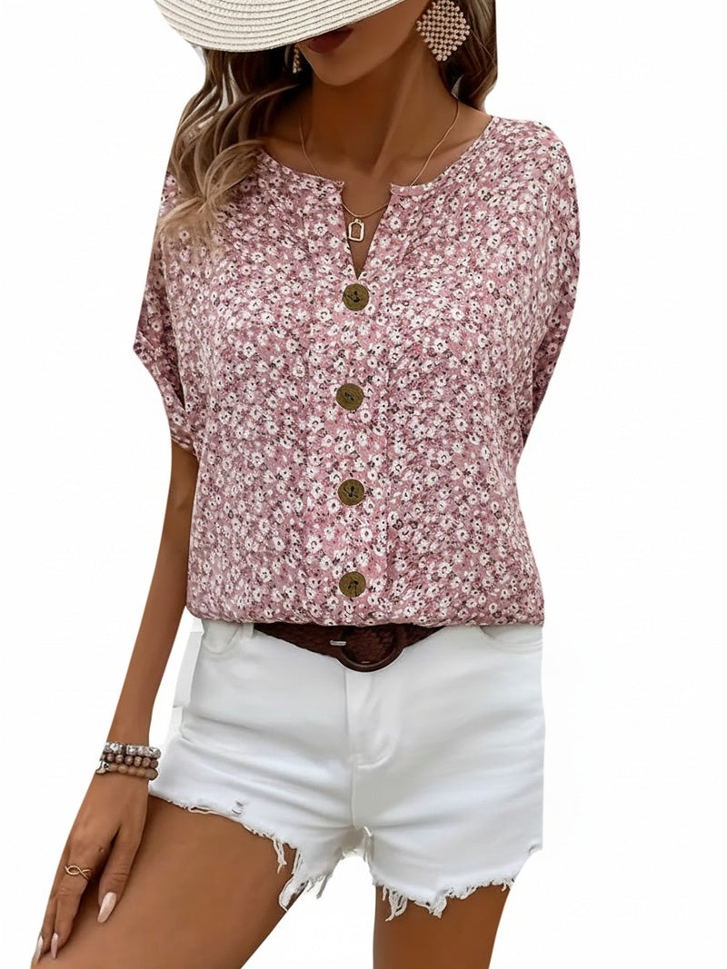 Blouse Femme à Manches Courtes avec Imprimé Floral et Fermeture à Boutons