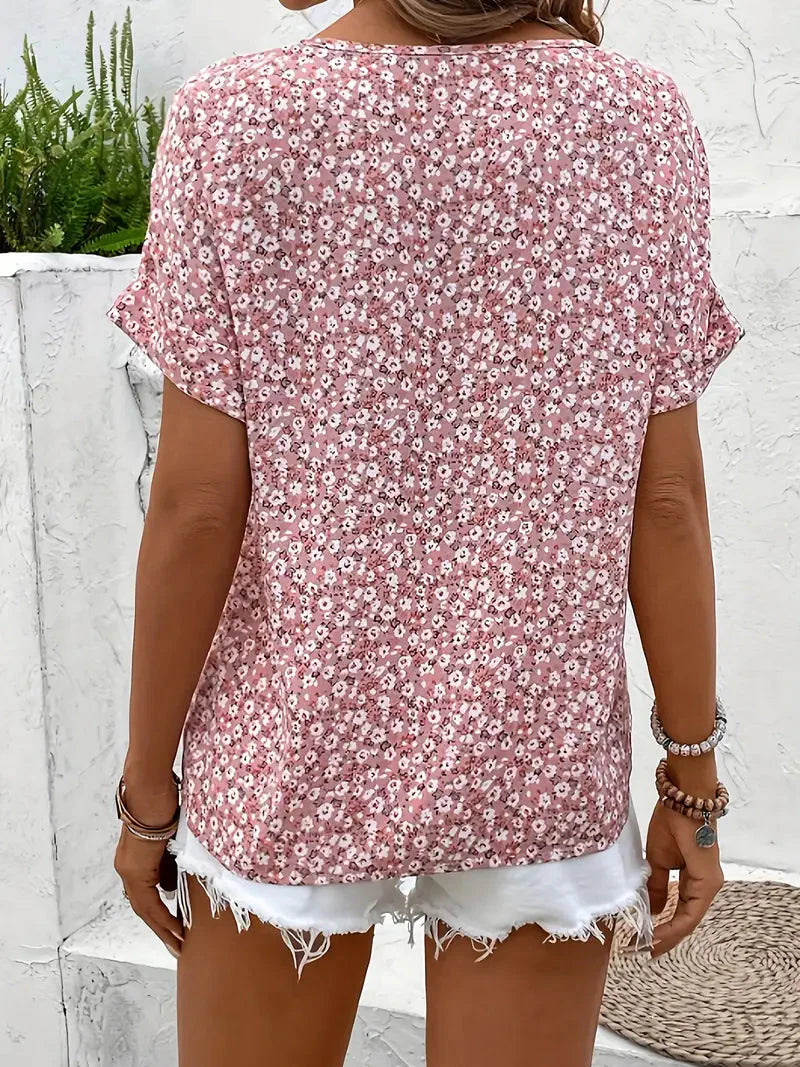 Blouse Femme à Manches Courtes avec Imprimé Floral et Fermeture à Boutons