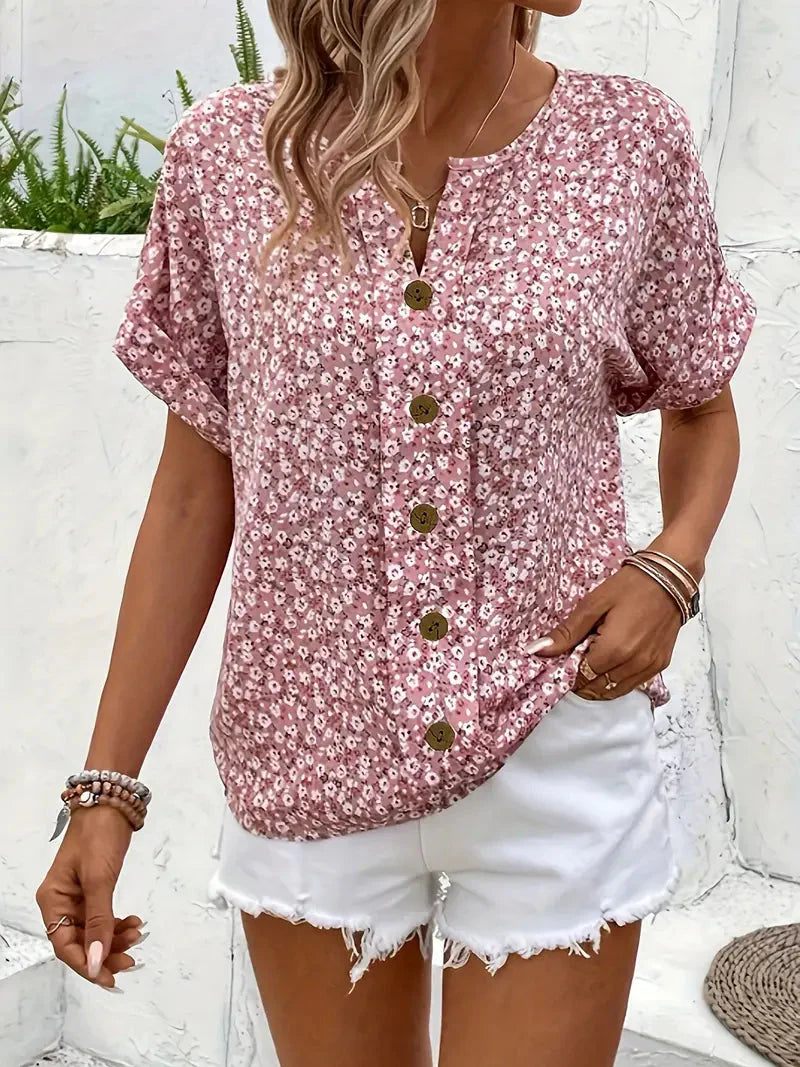 Blouse Femme à Manches Courtes avec Imprimé Floral et Fermeture à Boutons