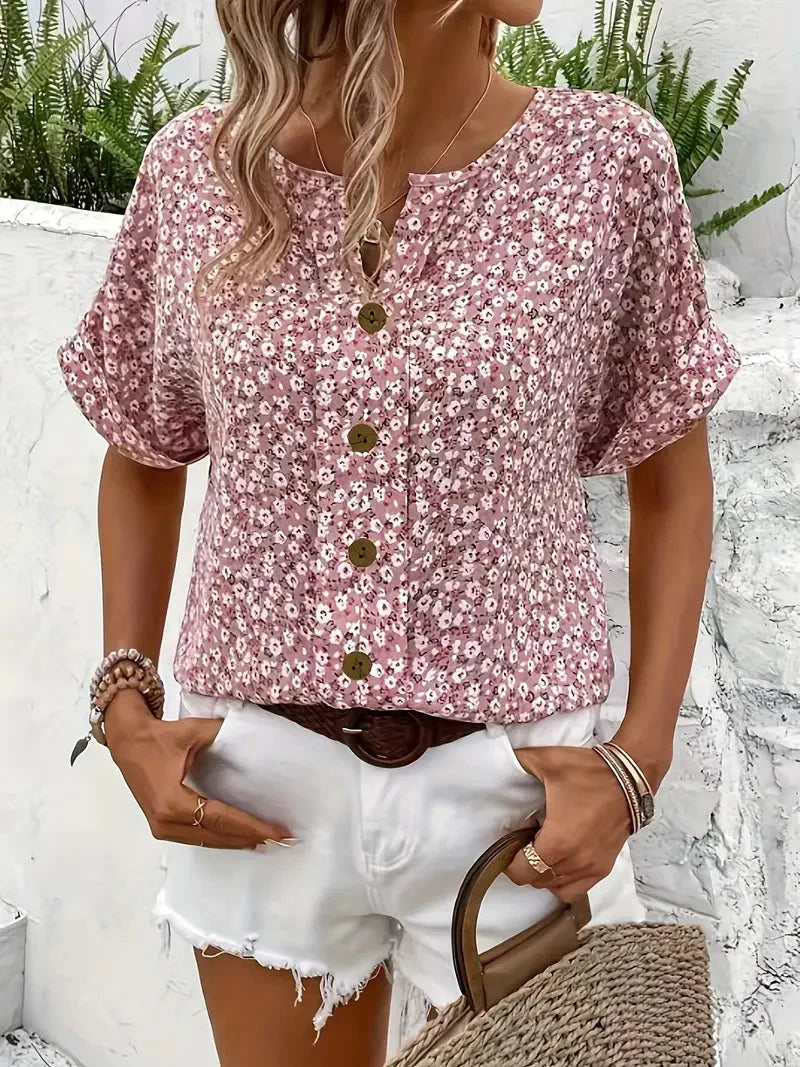 Blouse Femme à Manches Courtes avec Imprimé Floral et Fermeture à Boutons