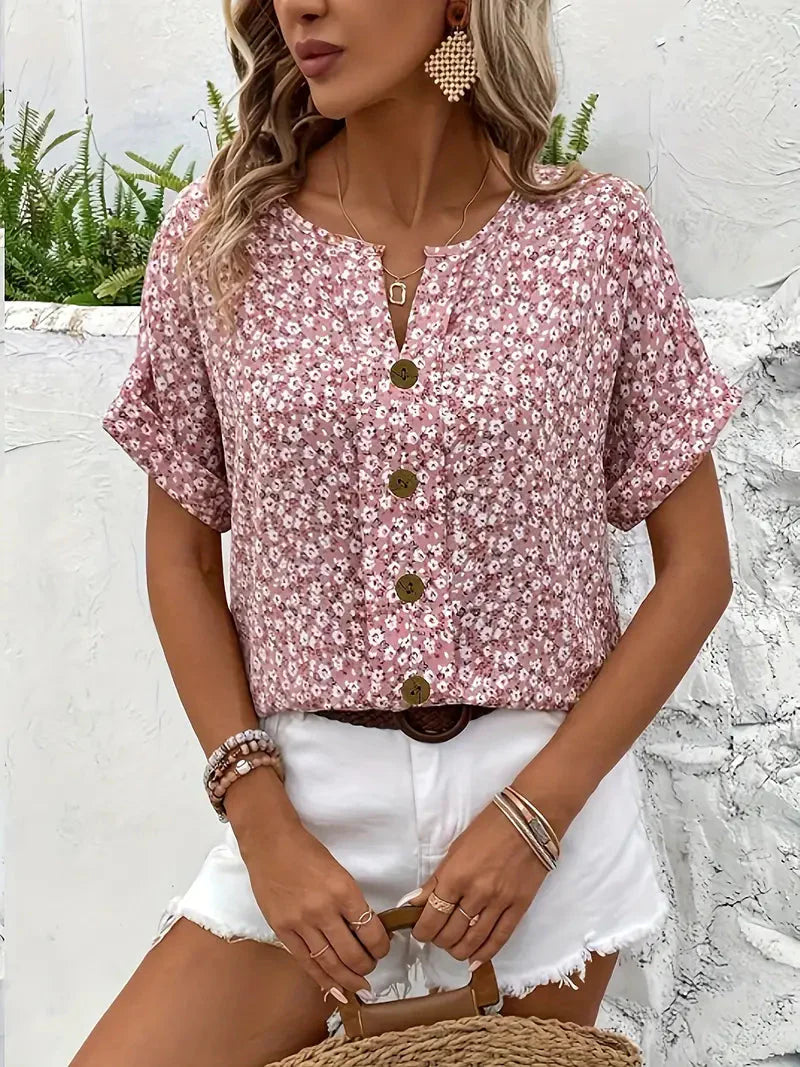 Blouse Femme à Manches Courtes avec Imprimé Floral et Fermeture à Boutons