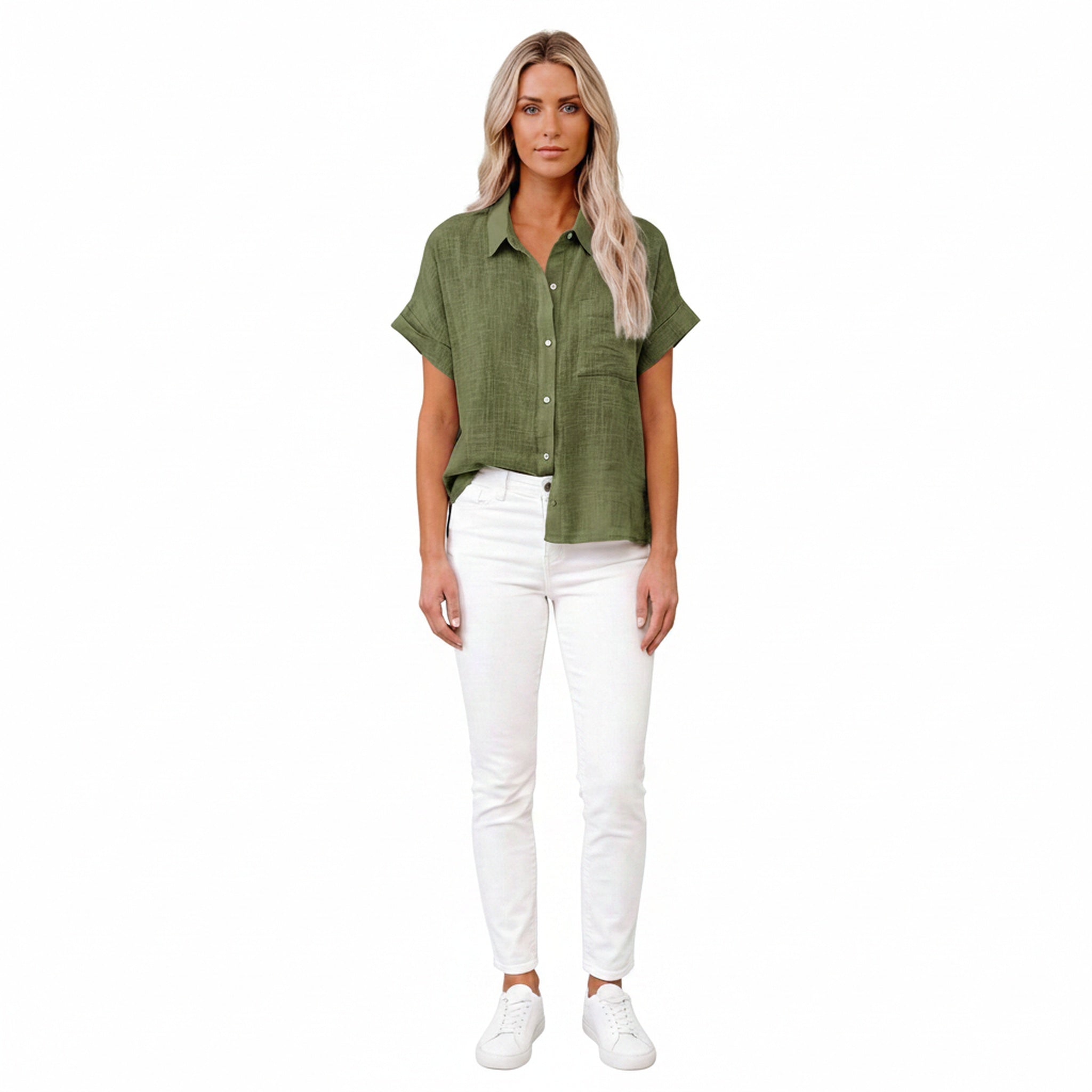 Blouse Femme à Manches Courtes avec Col Classique et Boutonnage