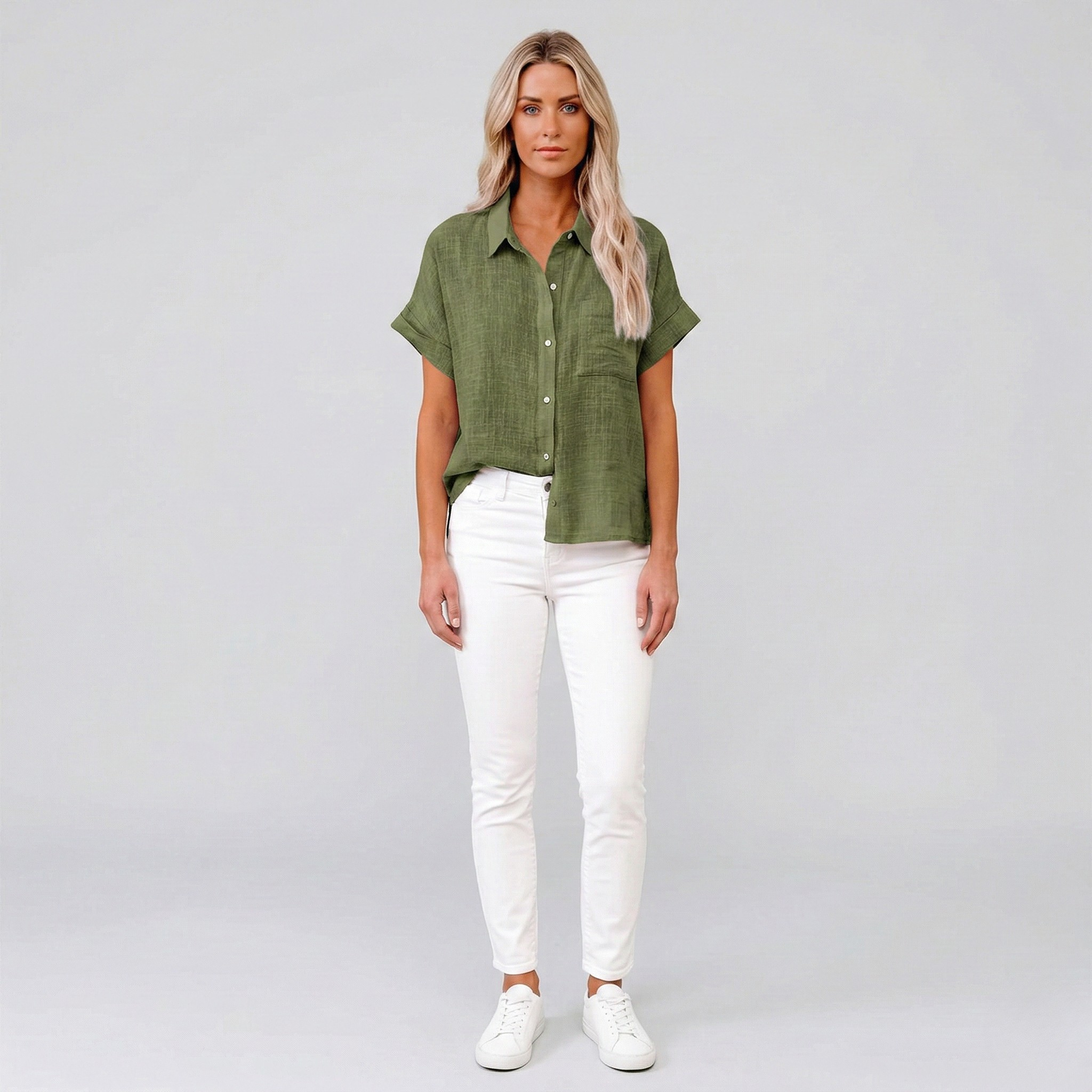 Blouse Femme à Manches Courtes avec Col Classique et Boutonnage