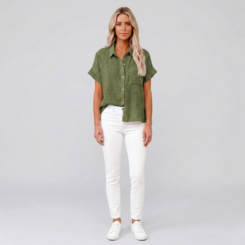 Blouse Femme à Manches Courtes avec Col Classique et Boutonnage