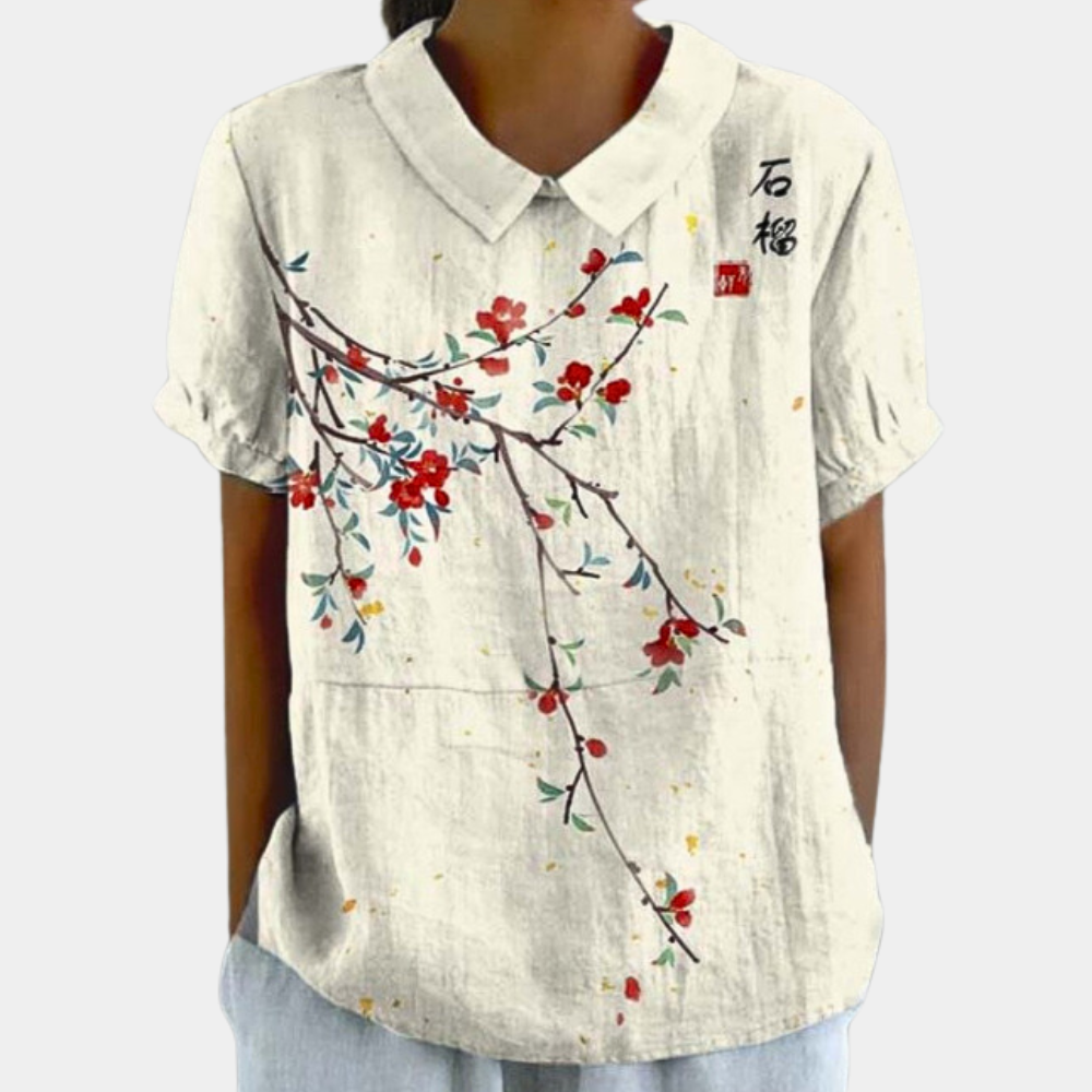 Blouse Femme à Manches Courtes avec Col et Imprimé Floral