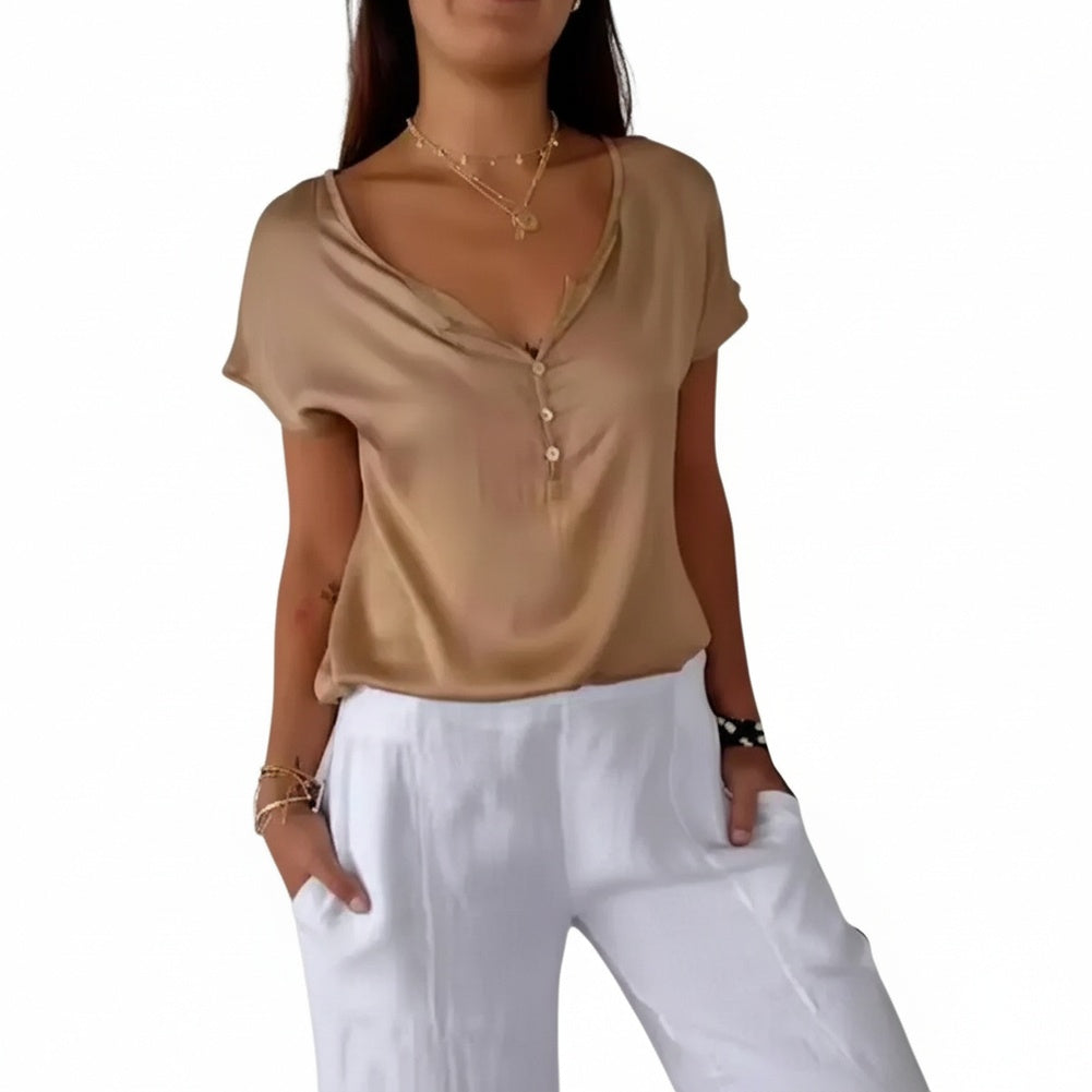 Blouse Femme à Manches Courtes avec Décolleté en V et Fermeture à Boutons