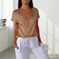 Blouse Femme à Manches Courtes avec Décolleté en V et Fermeture à Boutons