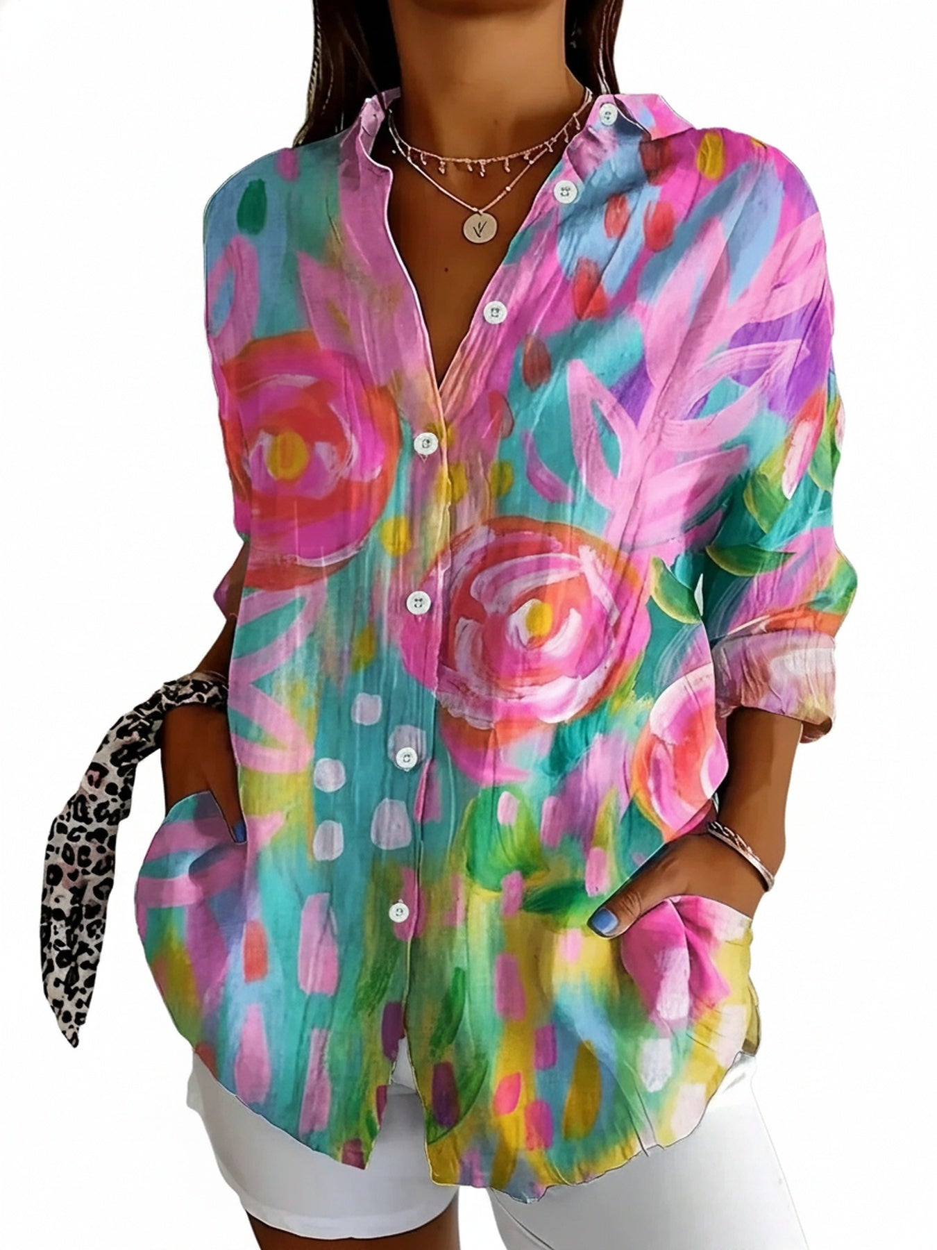 Blouse Femme à Manches Longues avec Imprimé Floral et Fermeture à Boutons