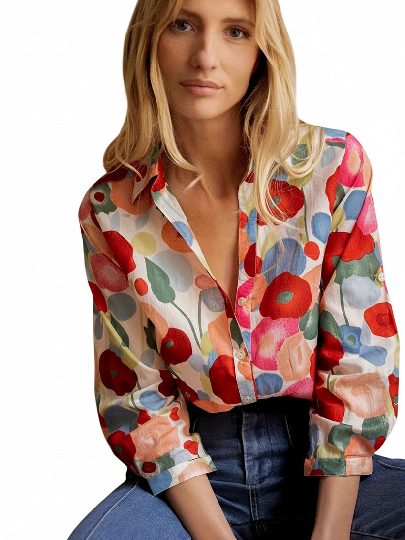 Blouse Femme à Imprimé Floral, Manches Longues et Fermeture Boutonnée