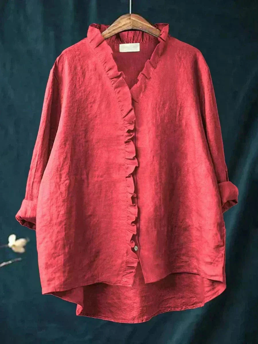 Blouse Femme à Manches Longues, Col V et Volants
