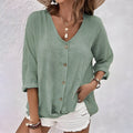 Blouse Femme à Col en V, Manches 3/4 et Boutonnage