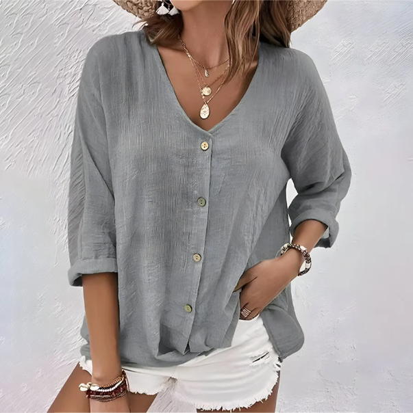 Blouse Femme à Col en V, Manches 3/4 et Boutonnage