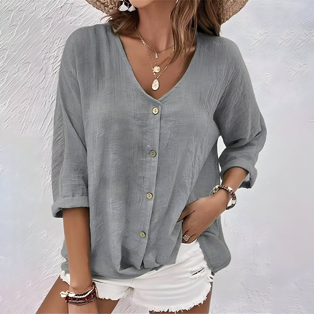 Blouse Femme à Col en V, Manches 3/4 et Boutonnage