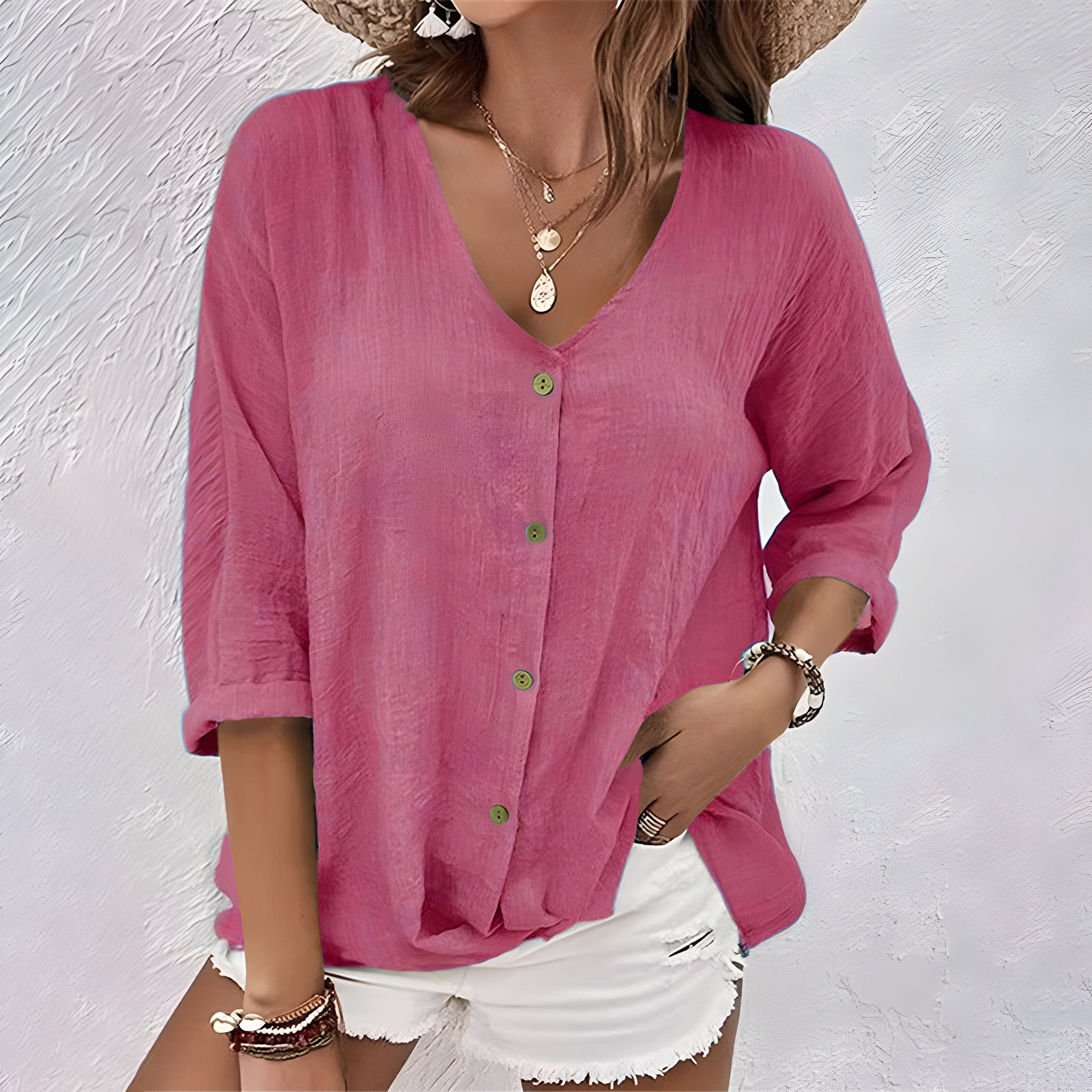 Blouse Femme à Col en V, Manches 3/4 et Boutonnage