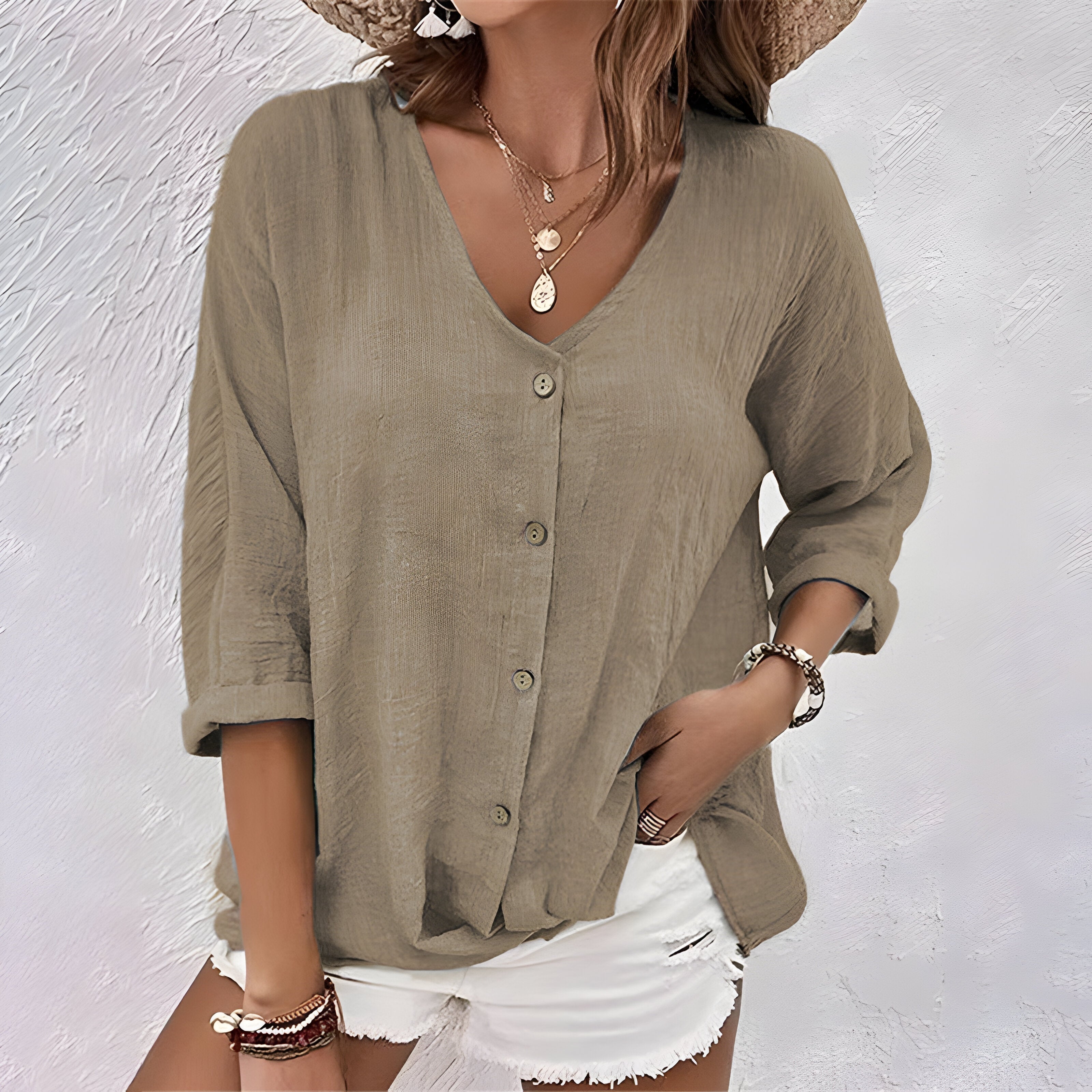 Blouse Femme à Col en V, Manches 3/4 et Boutonnage
