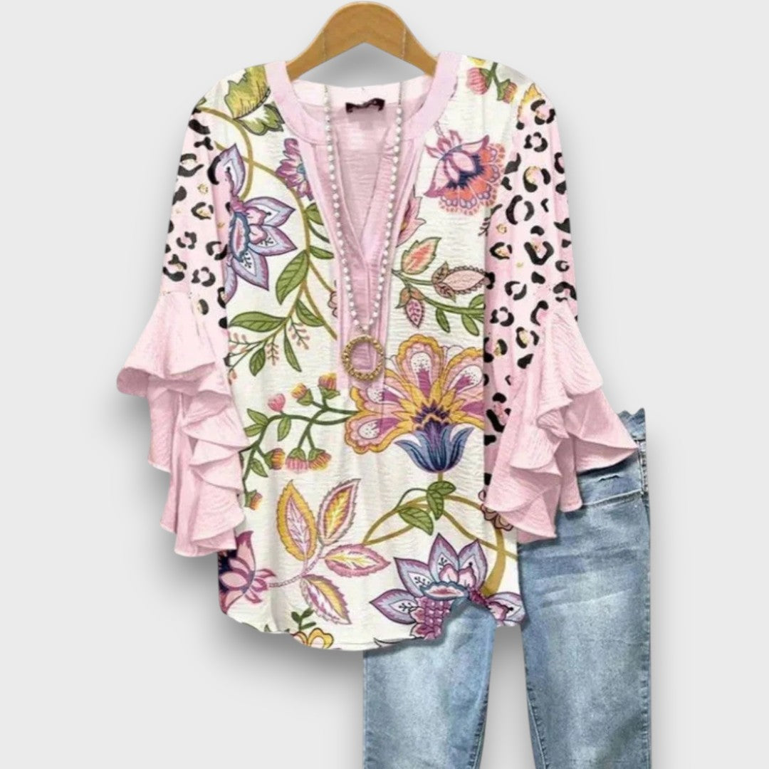 Blouse Femme avec Col V et Manches Volantes à Imprimé Floral