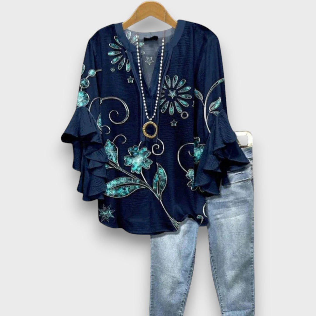 Blouse Femme avec Col V et Manches Volantes à Imprimé Floral