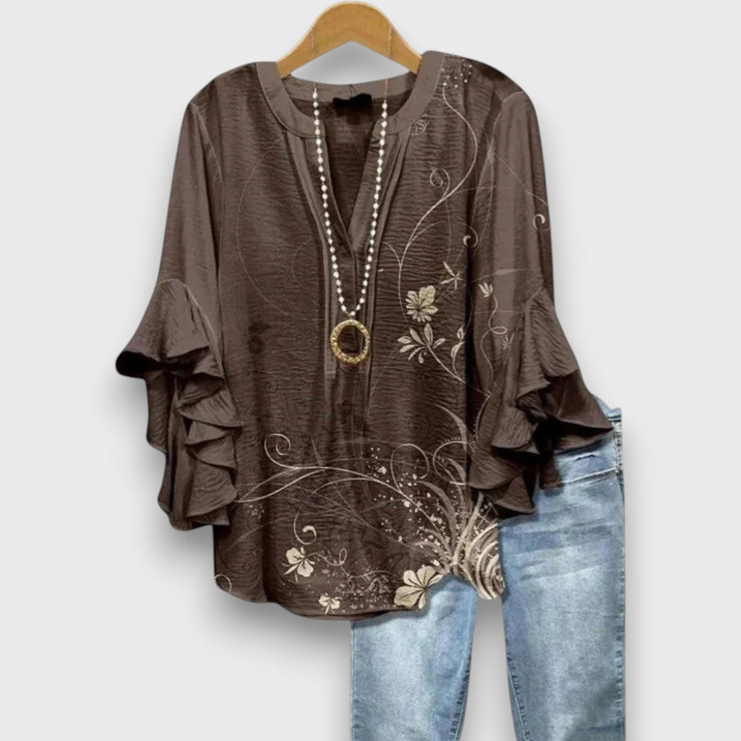 Blouse Femme avec Col V et Manches Volantes à Imprimé Floral