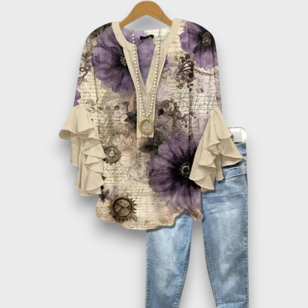 Blouse Femme avec Col V et Manches Volantes à Imprimé Floral