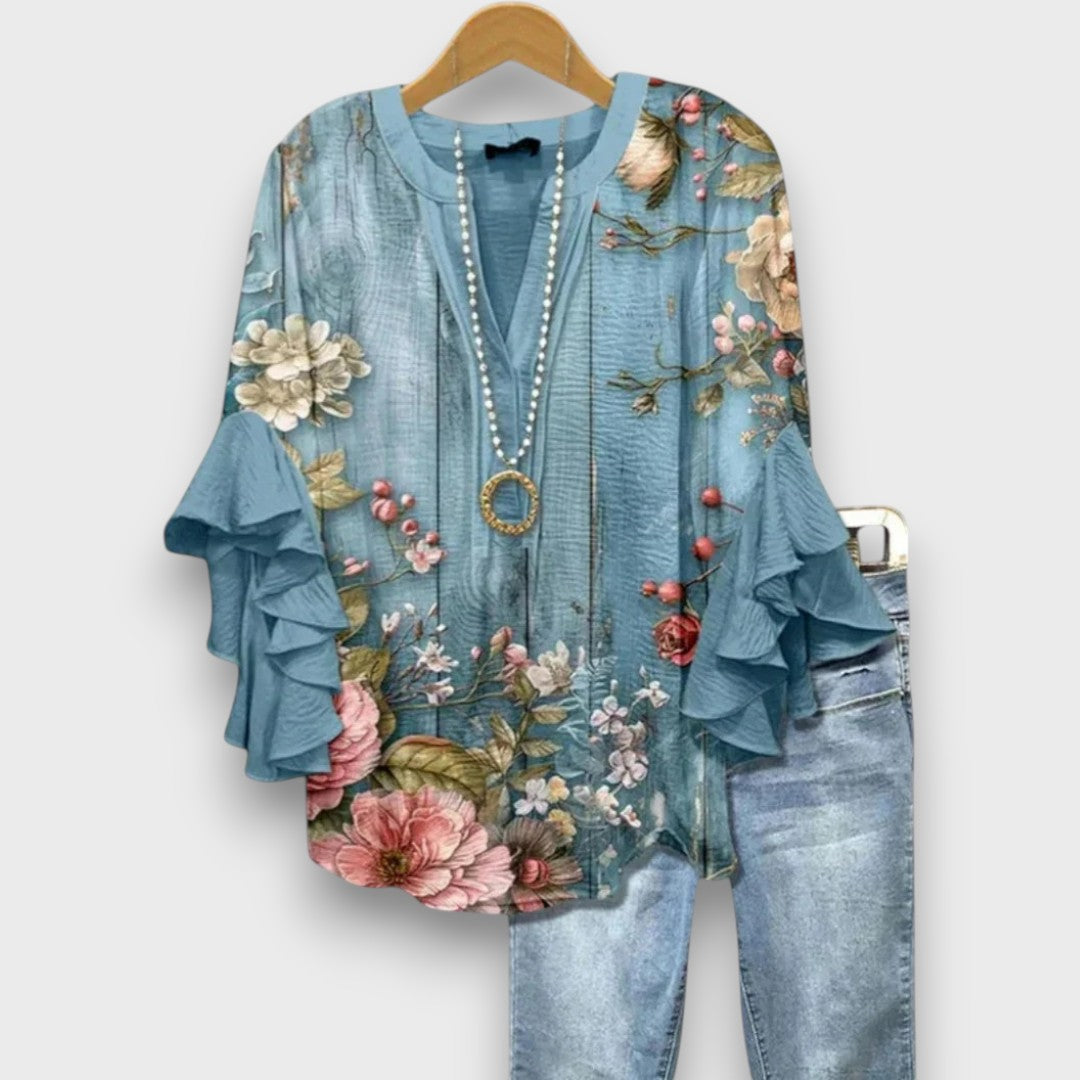 Blouse Femme avec Col V et Manches Volantes à Imprimé Floral