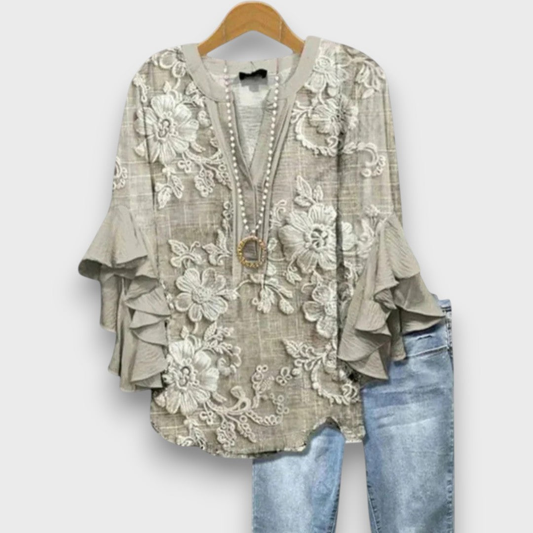 Blouse Femme avec Col V et Manches Volantes à Imprimé Floral
