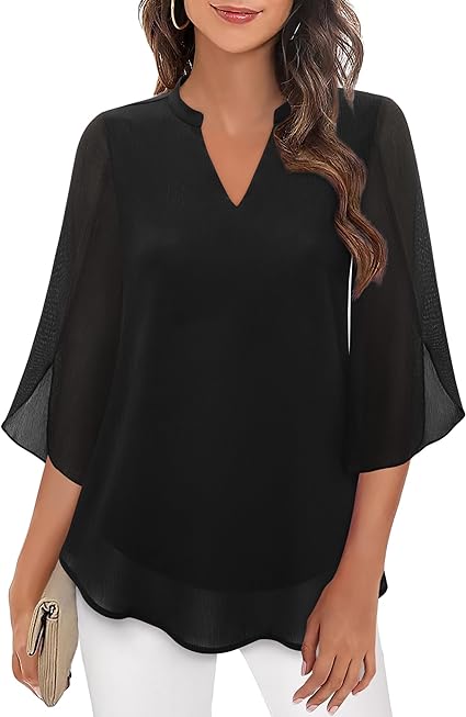 Blouse Femme avec Col en V et Manches Transparentes