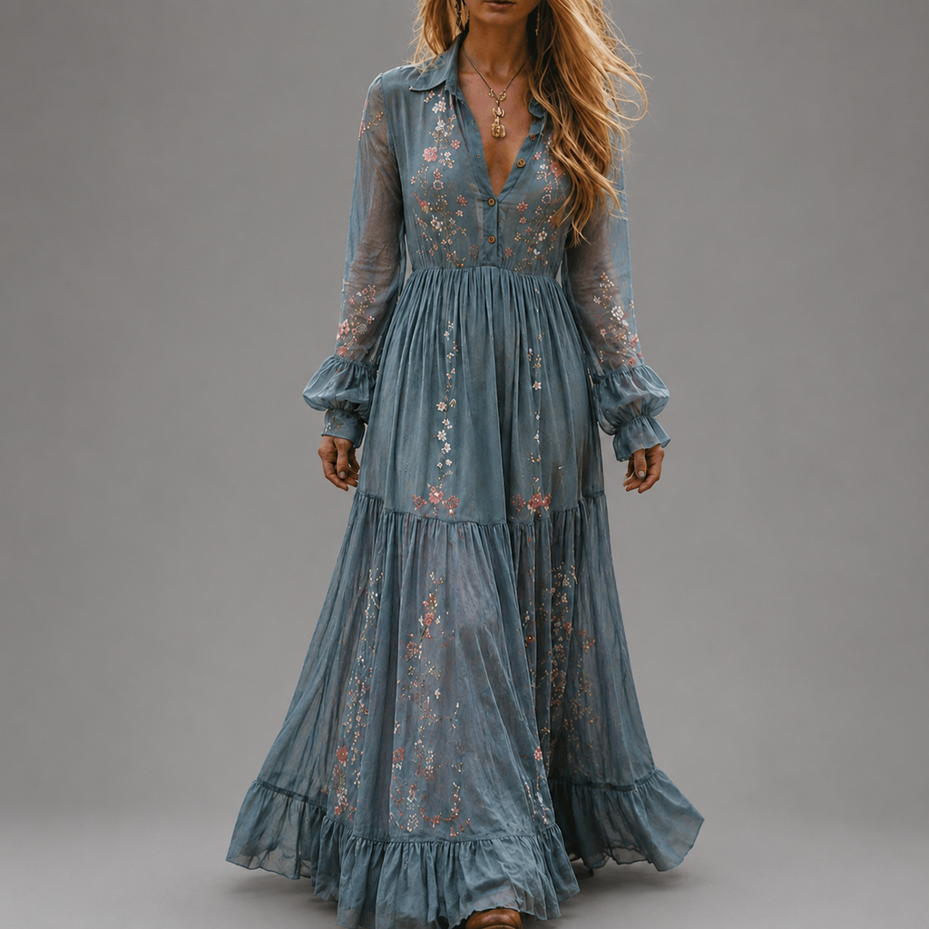 Robe Maxi Boho Femme avec Imprimé Floral, Manches Longues et Décolleté en V Profond