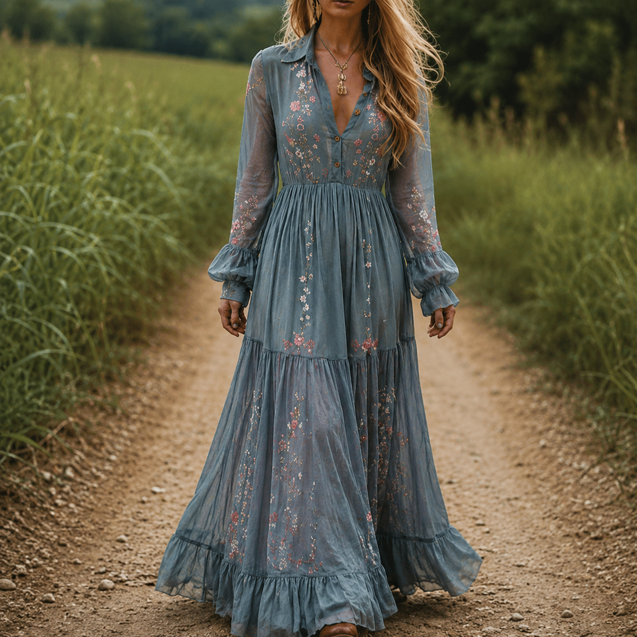 Robe Maxi Boho Femme avec Imprimé Floral, Manches Longues et Décolleté en V Profond