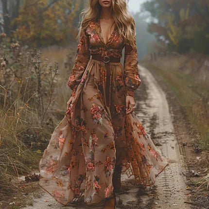 Robe Maxi Boho Femme avec Imprimé Floral, Manches Longues et Décolleté en V Profond