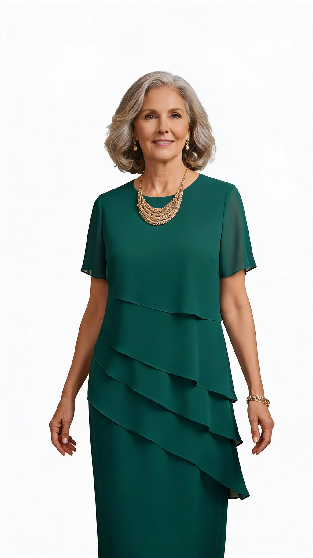 Robe en Chiffon à Couches pour Femmes avec Manches Courtes