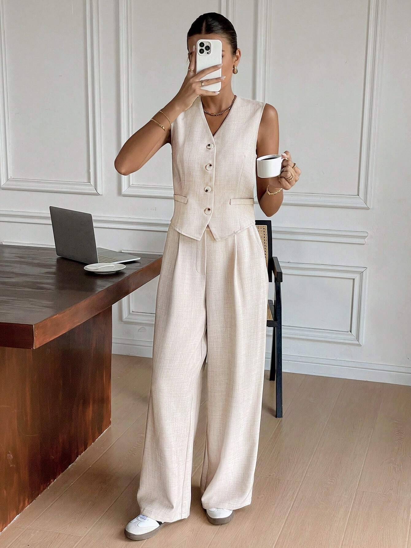 Ensemble de Vêtements Femme Gilet Sans Manches avec Pantalon Large