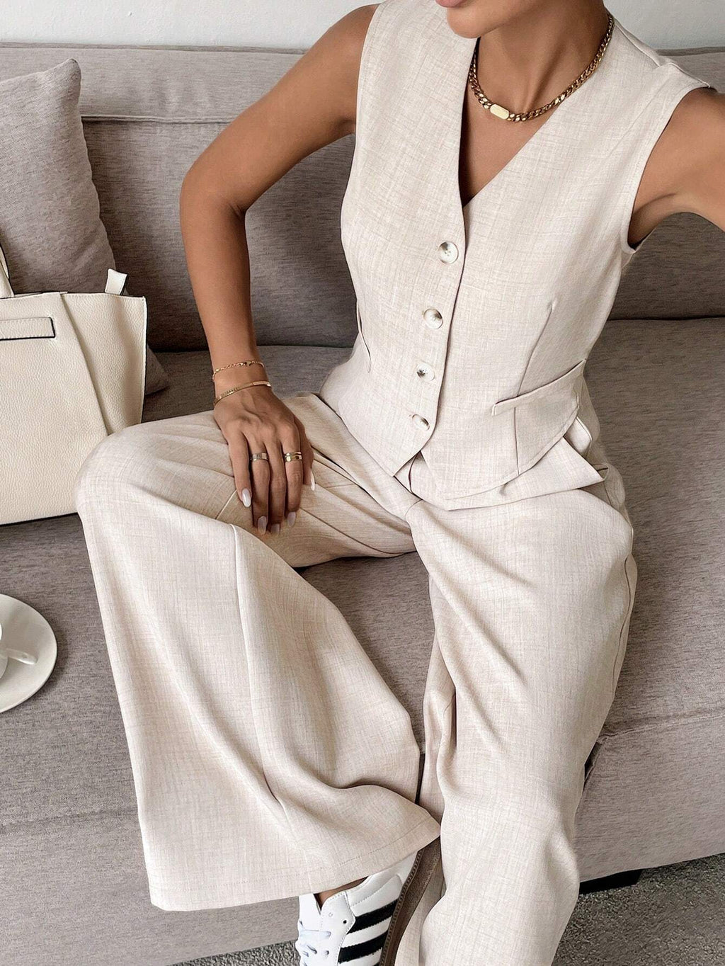 Ensemble de Vêtements Femme Gilet Sans Manches avec Pantalon Large