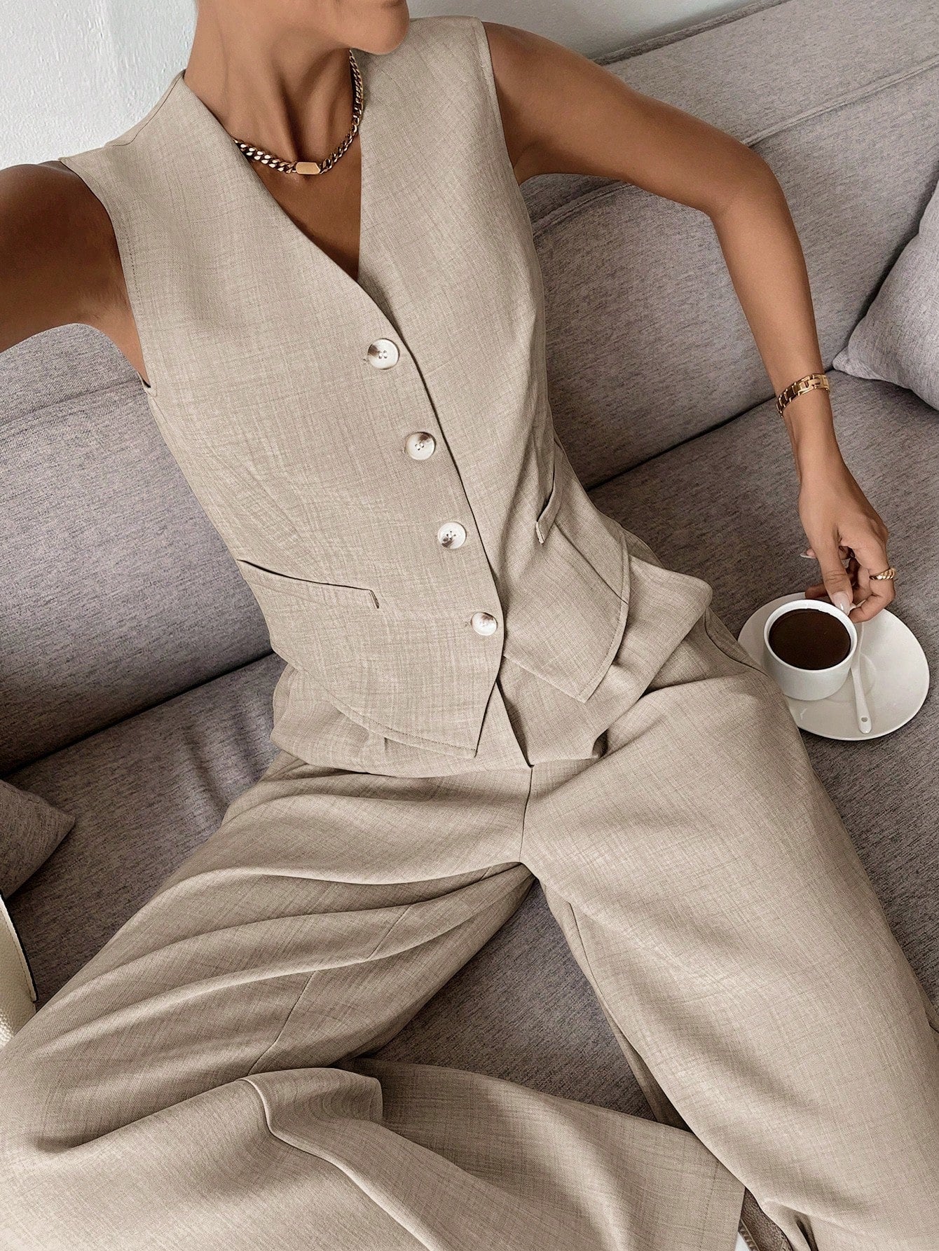 Ensemble de Vêtements Femme Gilet Sans Manches avec Pantalon Large