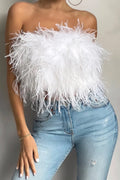 Top Court Femme Sans Manches avec Détail en Plumes