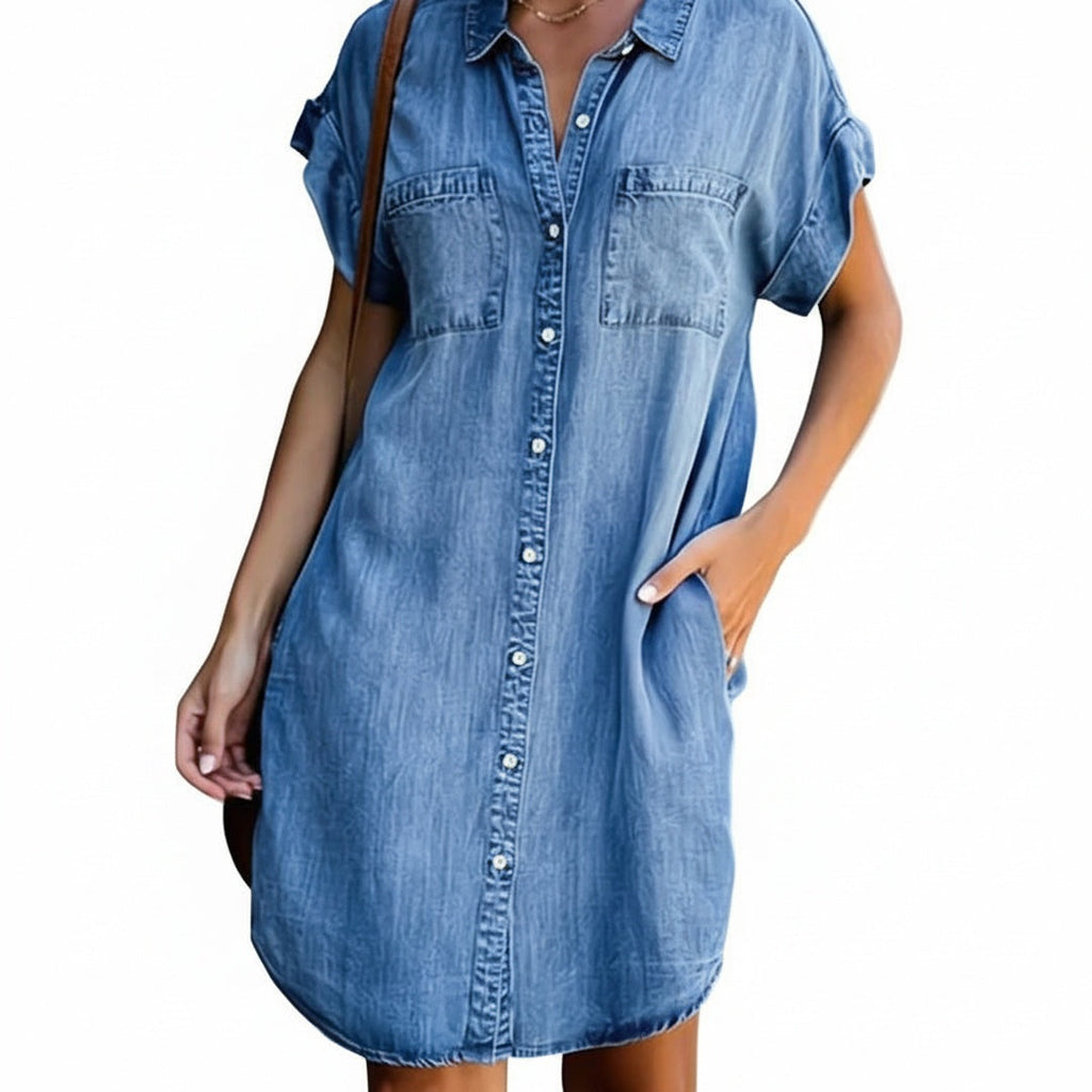 Robe en Jean Femme à Manches Courtes avec Col Chemise et Fermeture Boutonnée
