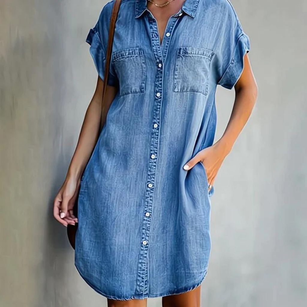 Robe en Jean Femme à Manches Courtes avec Col Chemise et Fermeture Boutonnée