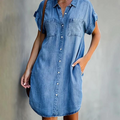 Robe en Jean Femme à Manches Courtes avec Col Chemise et Fermeture Boutonnée