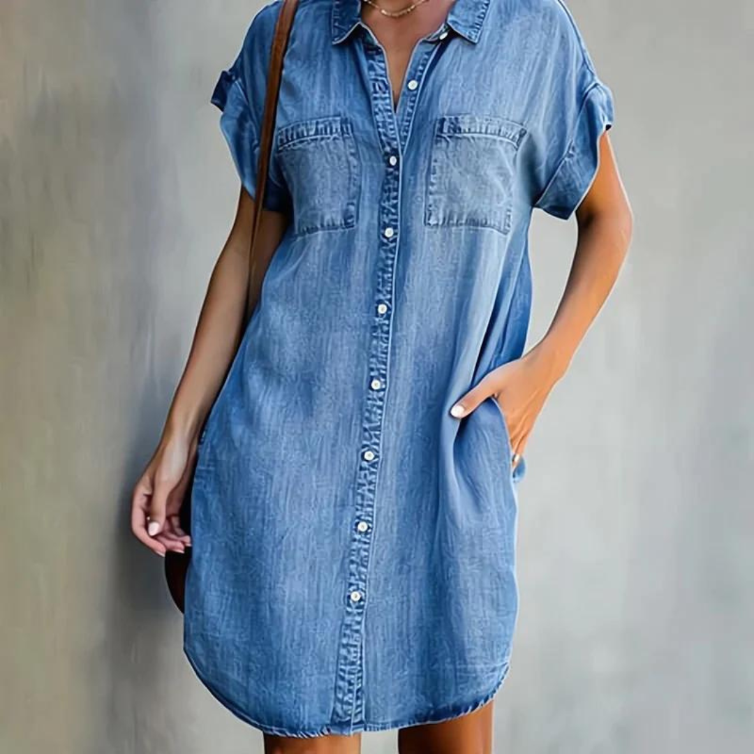 Robe en Jean Femme à Manches Courtes avec Col Chemise et Fermeture Boutonnée