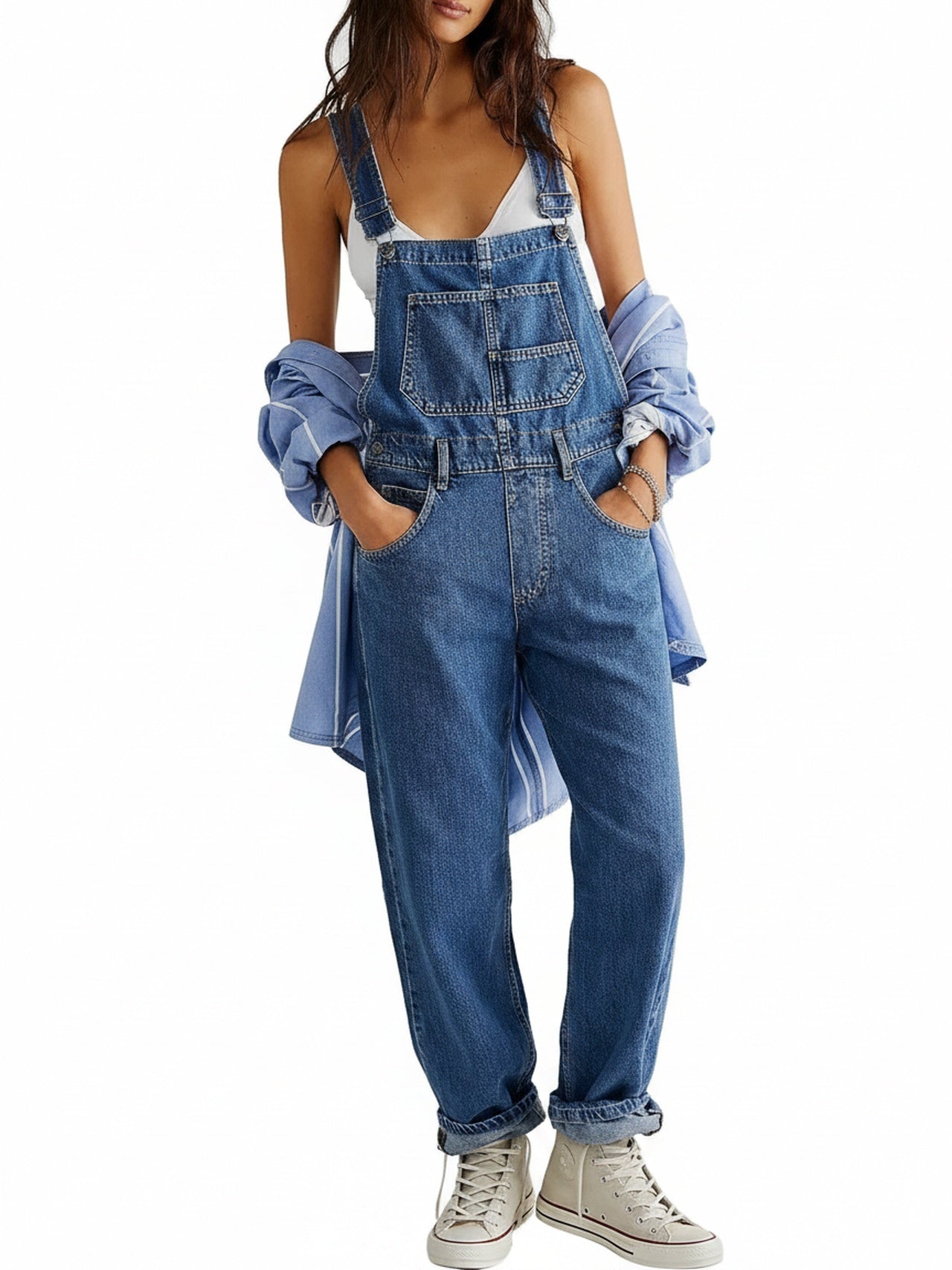 Salopette en Denim pour Femmes avec Bretelles Réglables et Poches