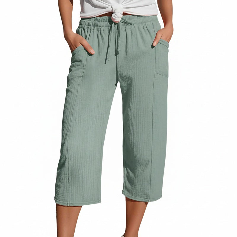 Pantalon 3/4 Femme avec Taille Élastique et Cordon de Serrage