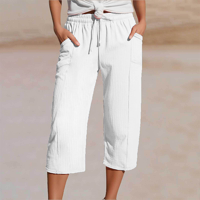 Pantalon 3/4 Femme avec Taille Élastique et Cordon de Serrage
