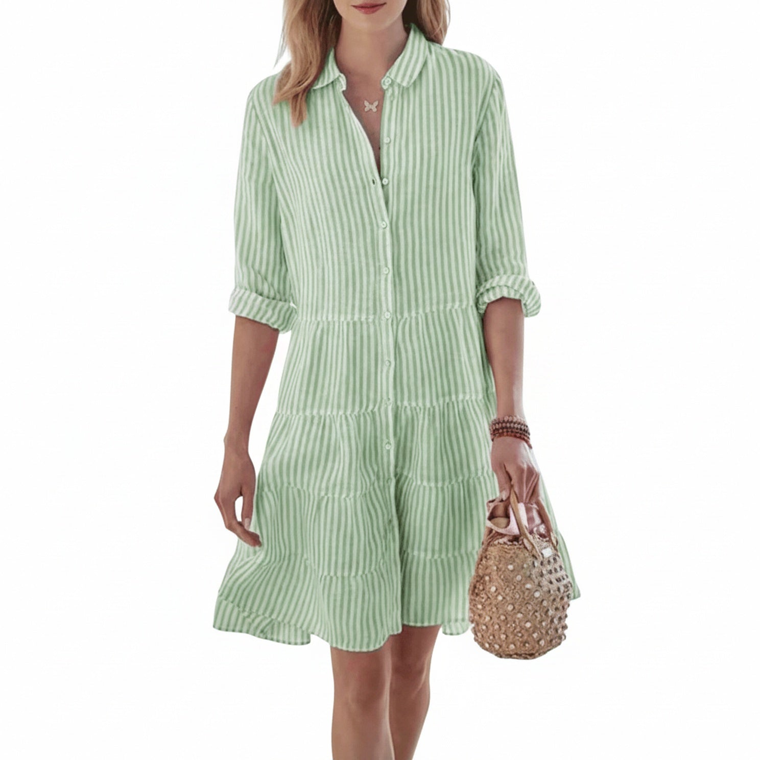 Robe Chemise Rayée Femme avec Col, Boutonnage et Jupe Superposée