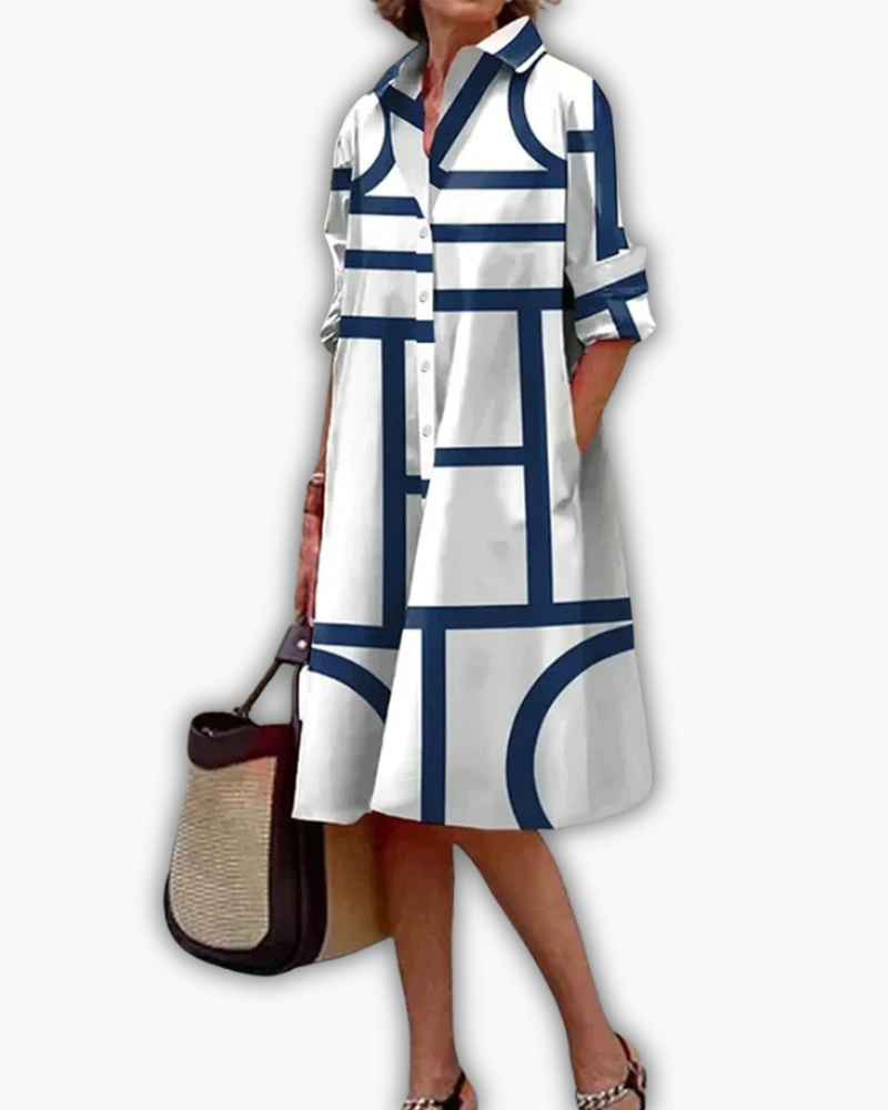 Robe Chemise Femme avec Imprimé Géométrique et Poches