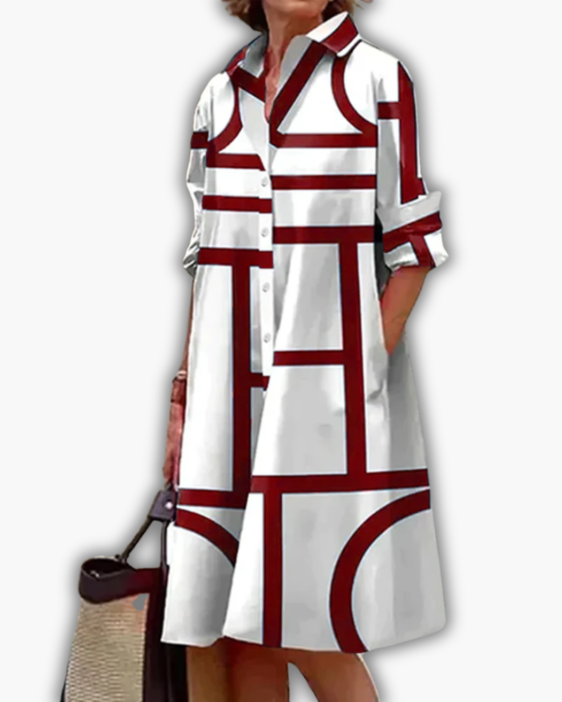 Robe Chemise Femme avec Imprimé Géométrique et Poches