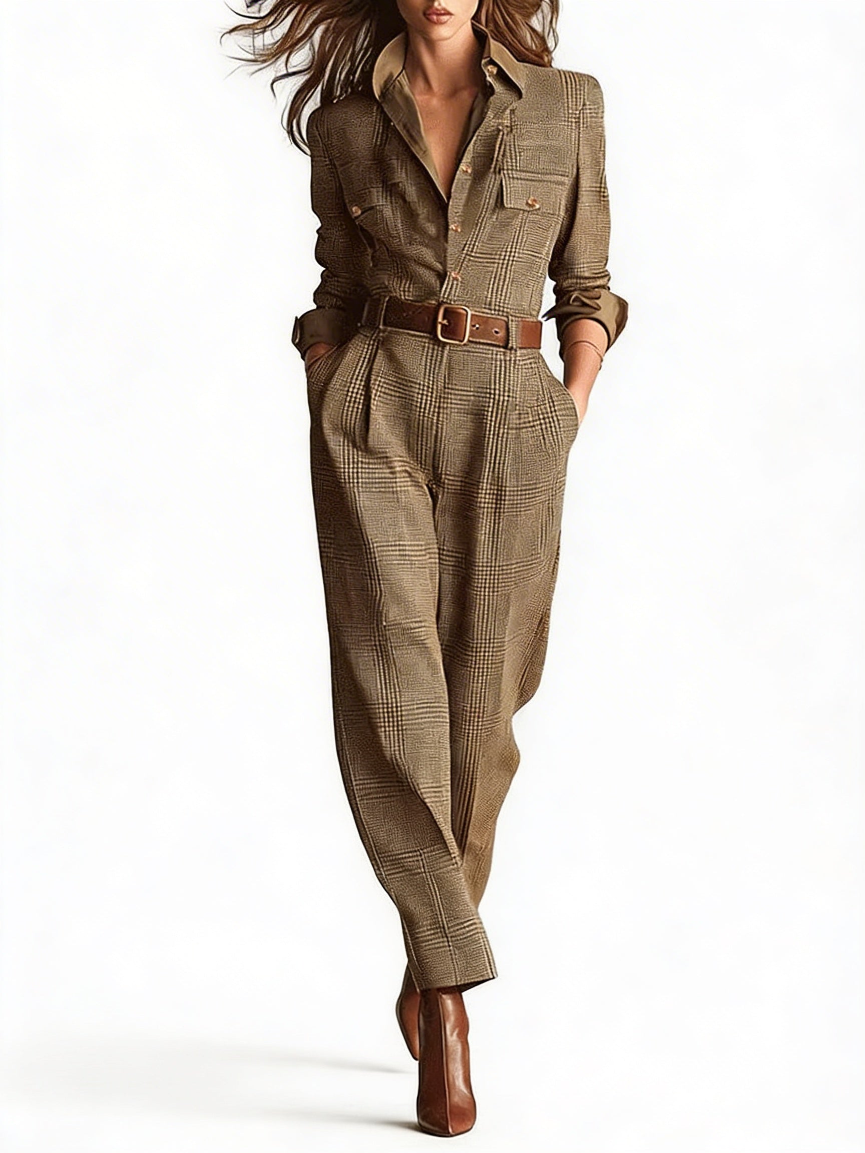 Combinaison Femme Carreaux avec Col et Poches Poitrine